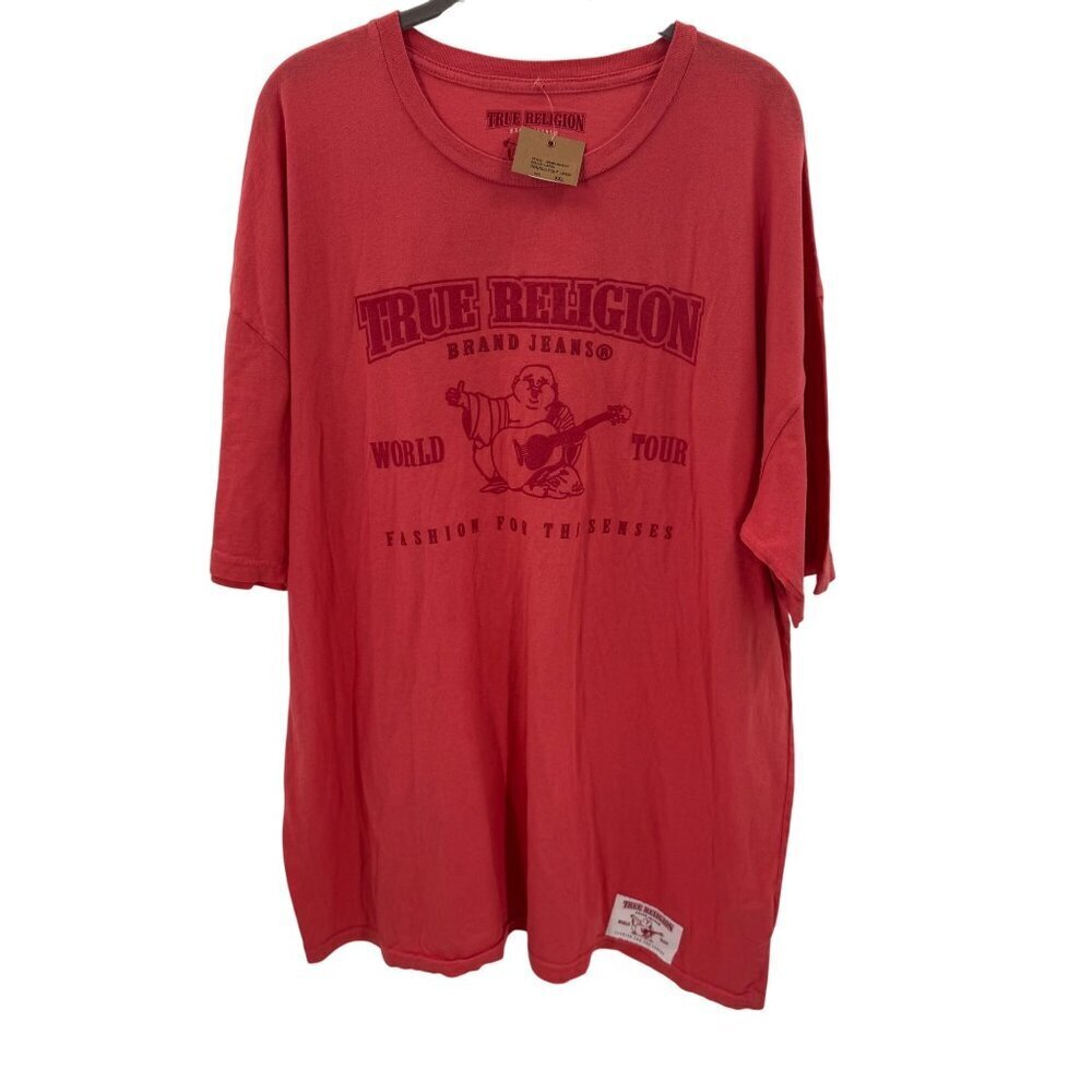 True Religion Red Puff Logo T-Shirt Mens 2XL Made In USA Graphic Buddha Design